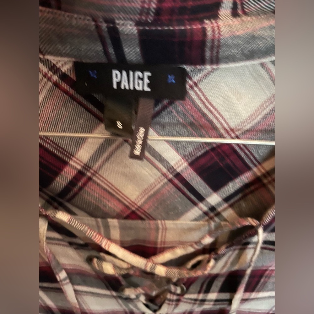 PAIGE Women's Button Up Tie Front Kieran Top Blouse Plaid Gray/Red Size Small   - Picture 2 of 13